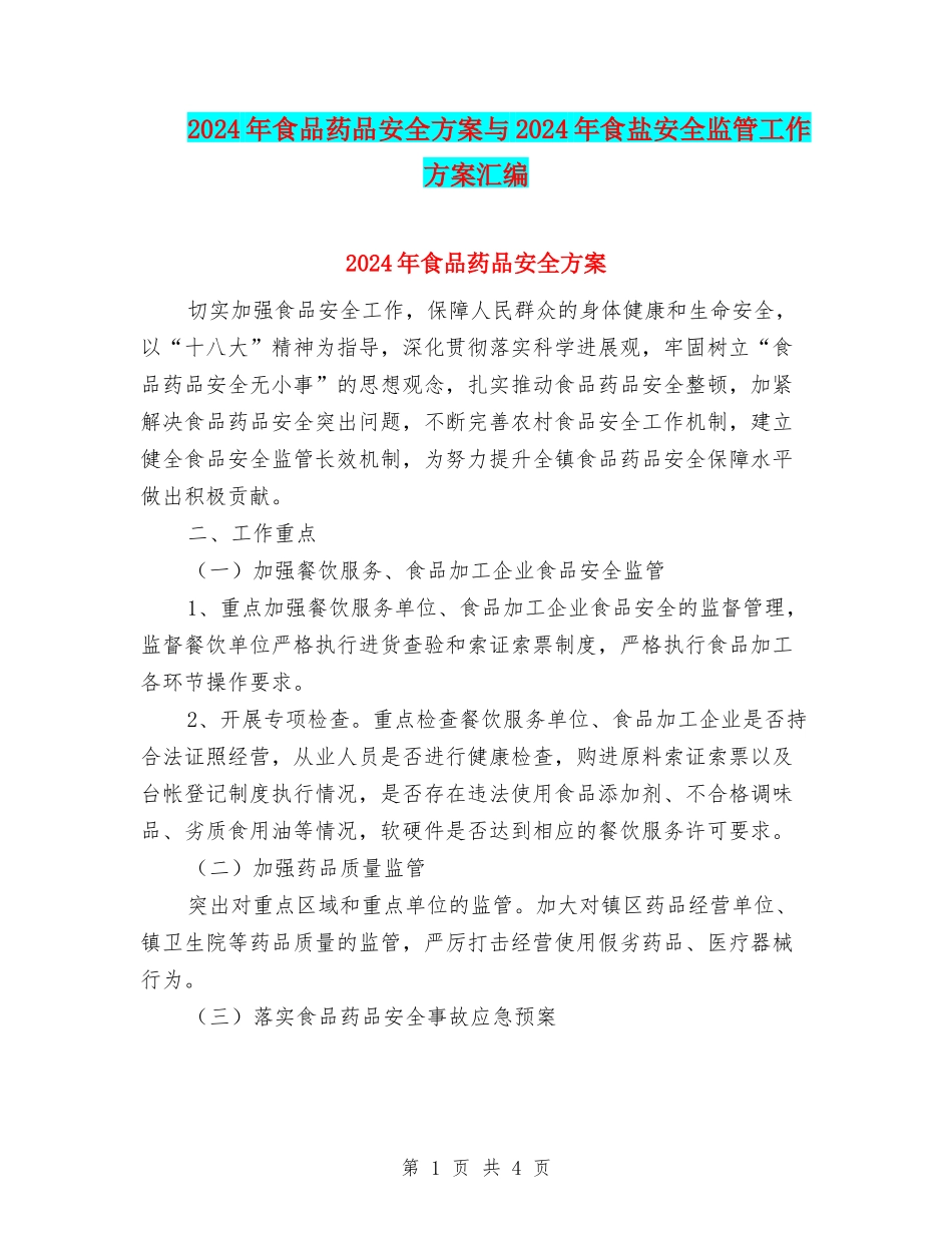 2024年食品药品安全方案与2024年食盐安全监管工作方案汇编_第1页