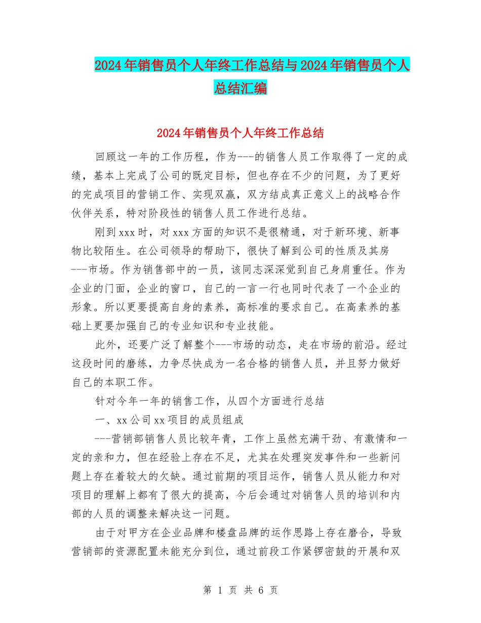 2024年销售员个人年终工作总结与2024年销售员个人总结汇编_第1页