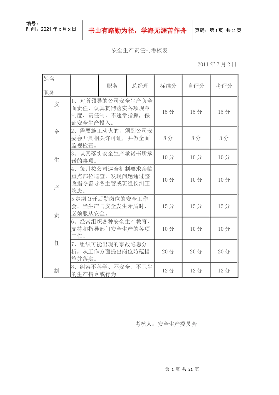 安全目标考核表_第1页