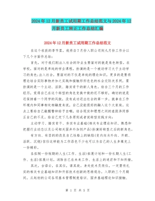 2024年12月新员工试用期工作总结范文与2024年12月新员工转正工作总结汇编