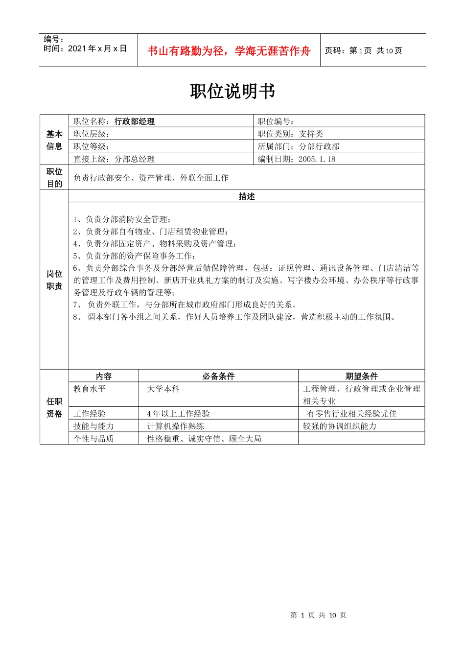 分部行政部职位说明书(26)_第1页