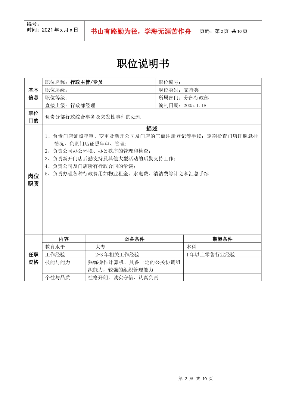 分部行政部职位说明书(26)_第2页
