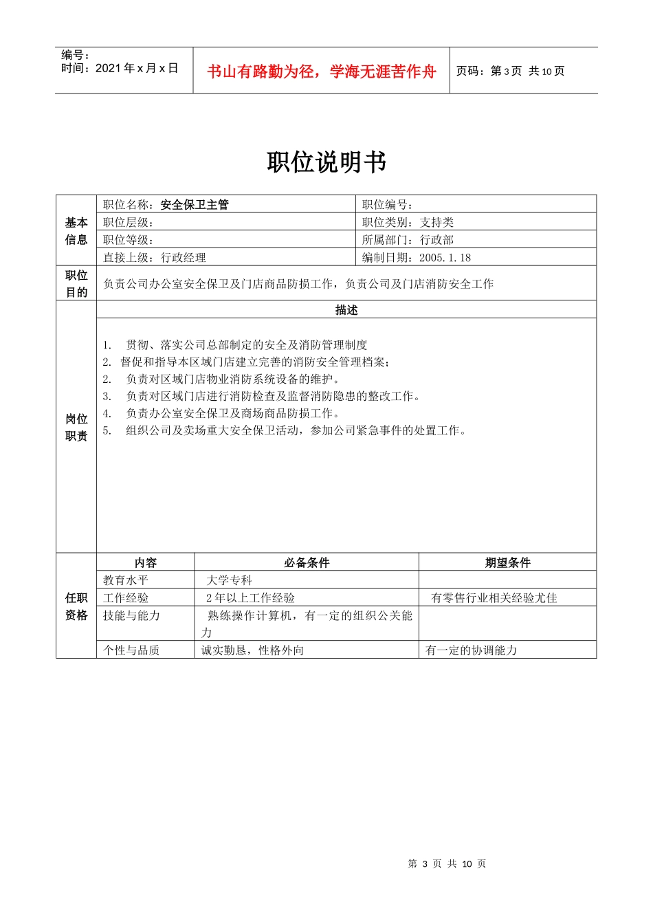 分部行政部职位说明书(26)_第3页