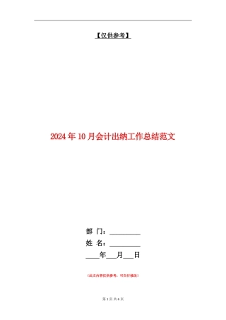 2024年10月会计出纳工作总结范文