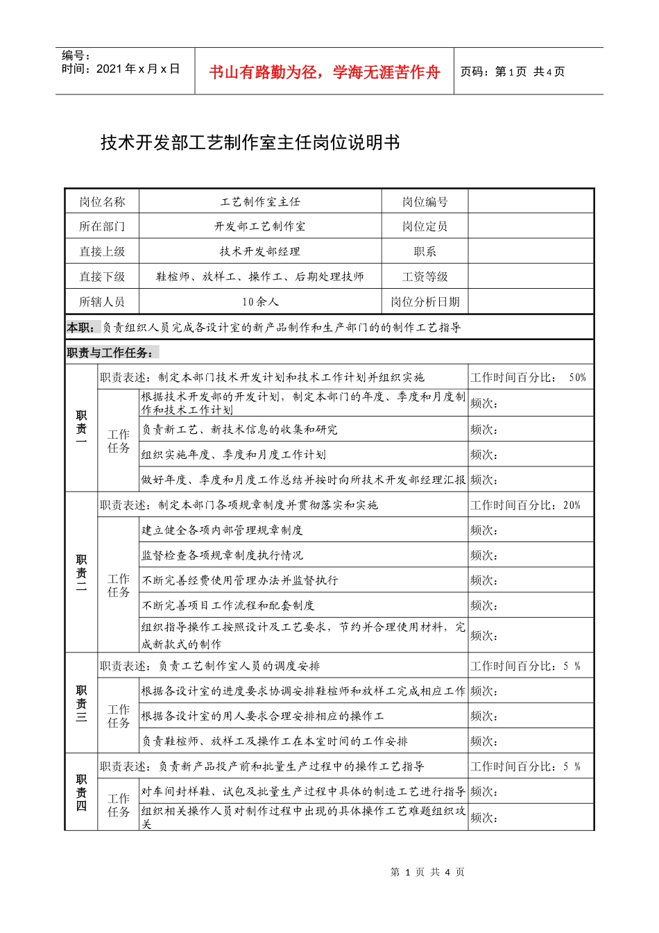 制鞋企业技术开发部工艺制作室主任岗位说明书_第1页