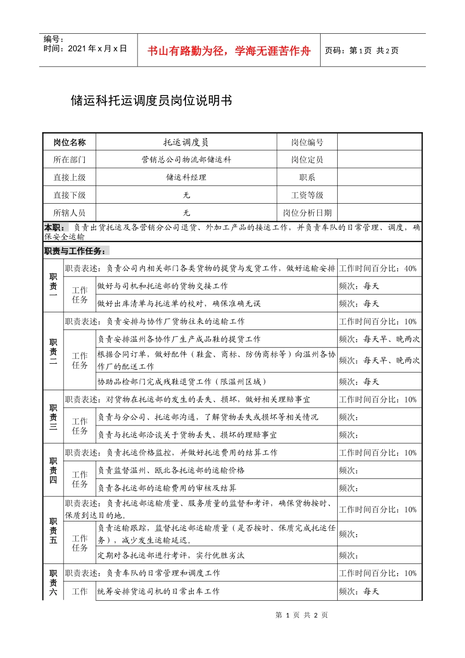 制鞋企业储运科托运调度员岗位说明书_第1页