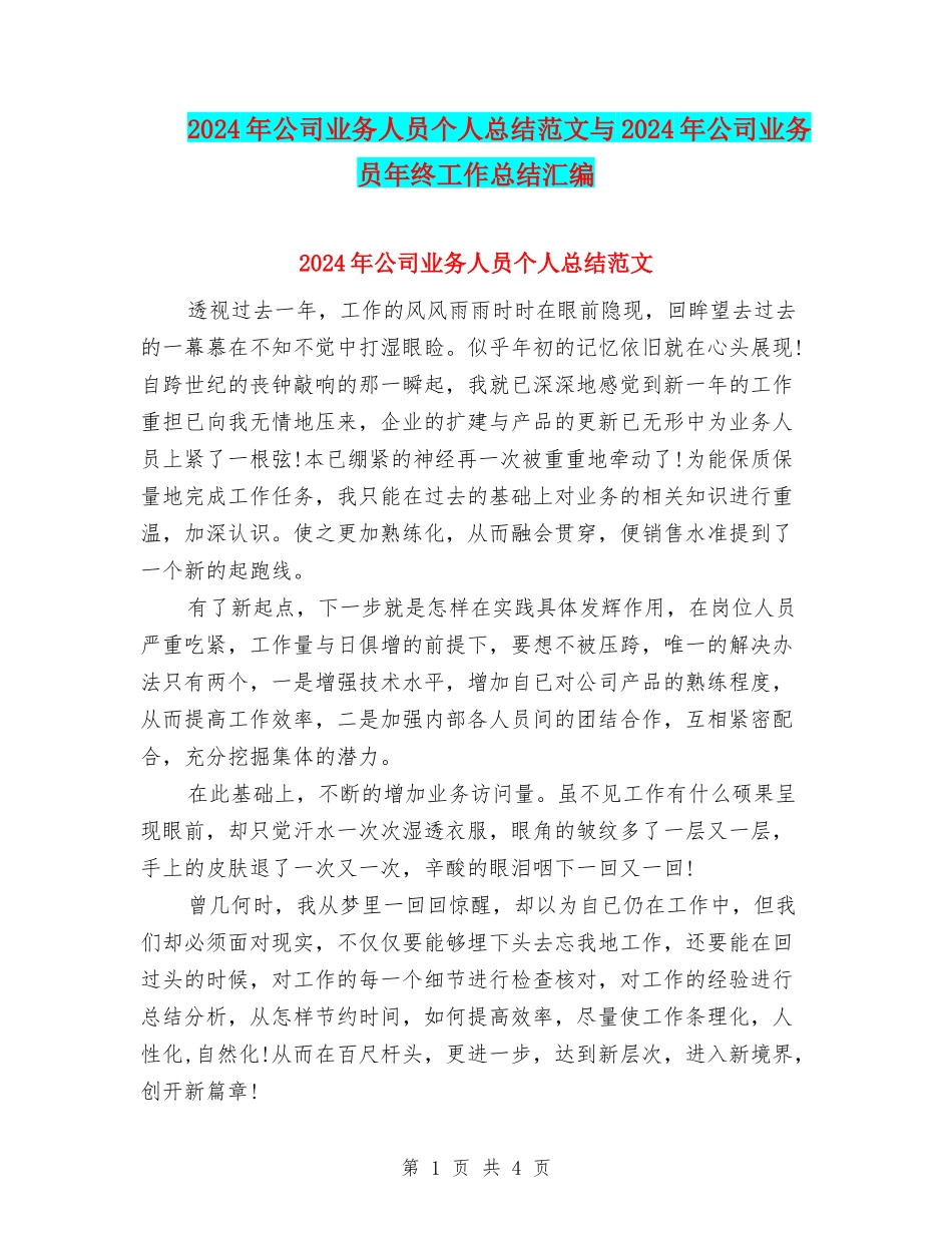 2024年公司业务人员个人总结范文与2024年公司业务员年终工作总结汇编_第1页