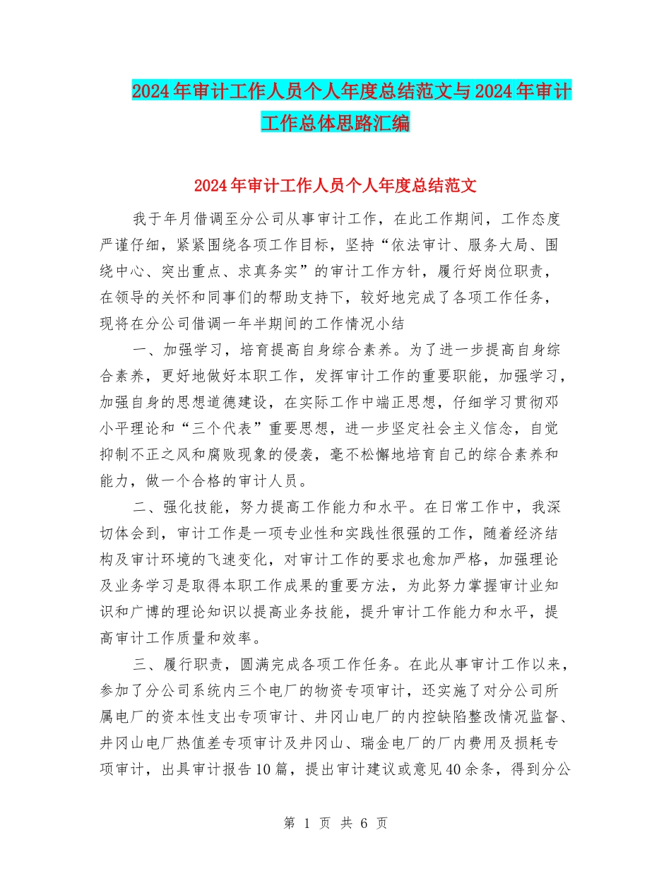 2024年审计工作人员个人年度总结范文与2024年审计工作总体思路汇编_第1页