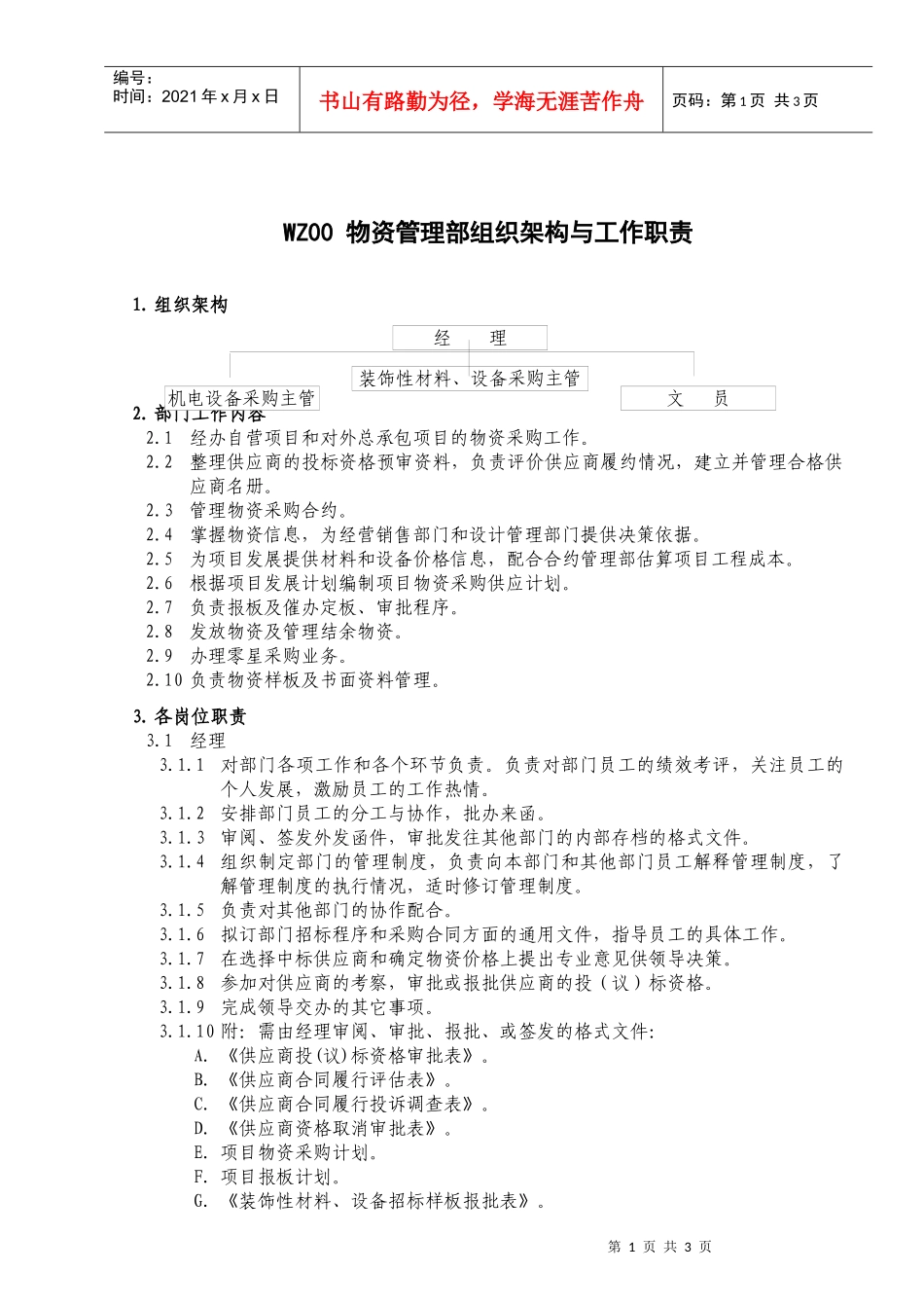 人力资源-2022WZ00 物资管理部组织架构与工作职责_第1页