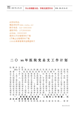 医院党总支工作计划方案