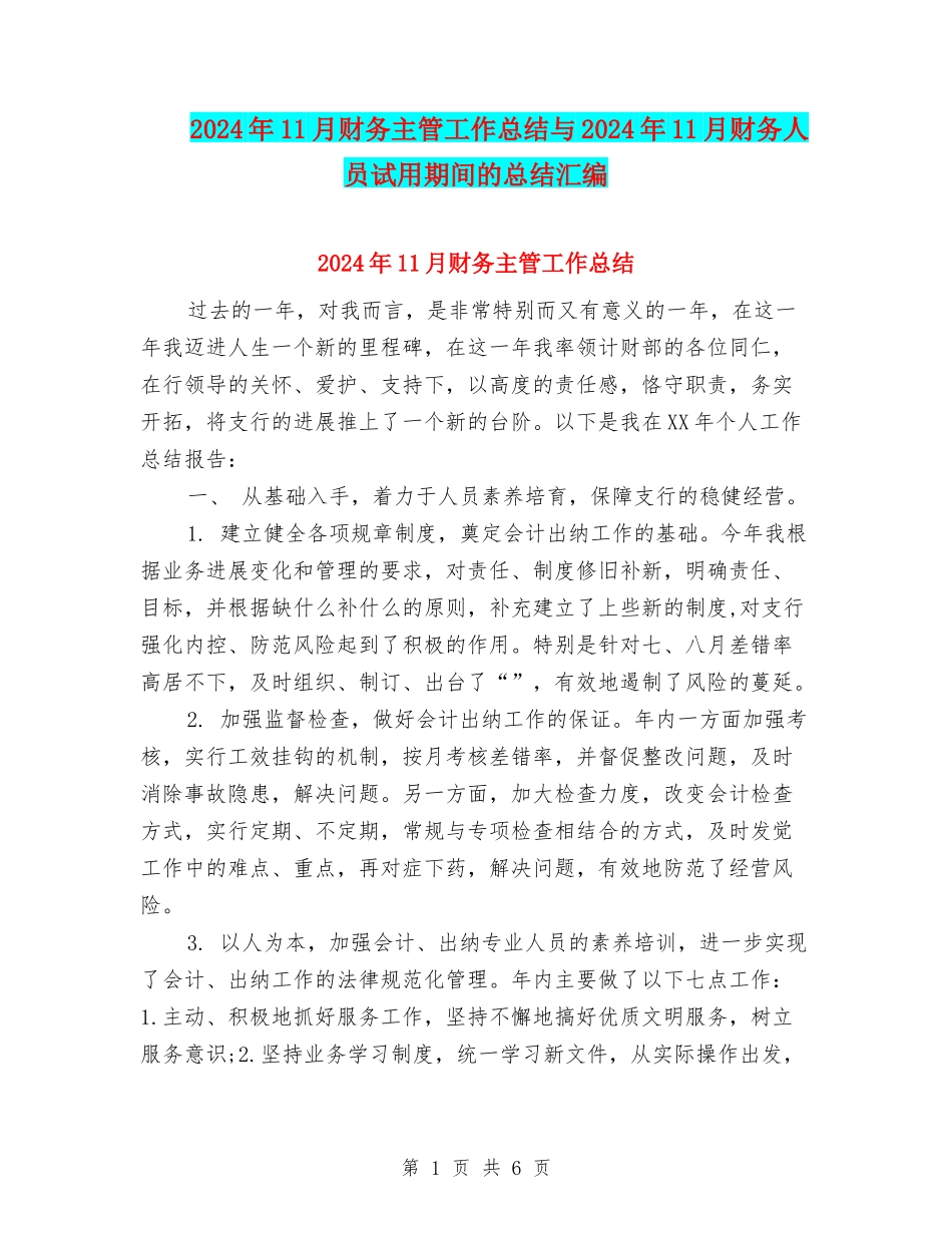 2024年11月财务主管工作总结与2024年11月财务人员试用期间的总结汇编_第1页