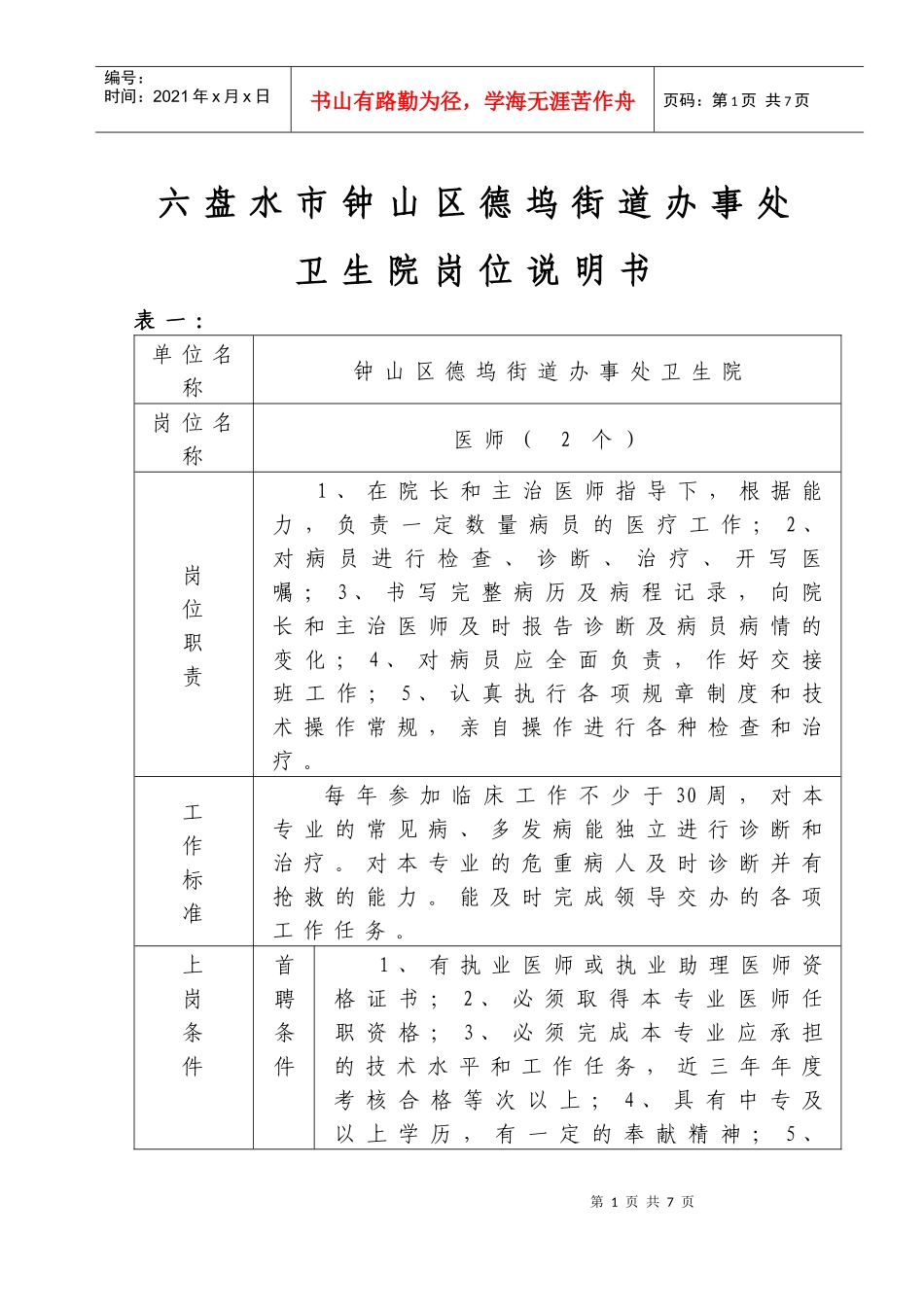 六盘水市钟山区德坞街道办事处卫生院岗位说明书(1)_第1页