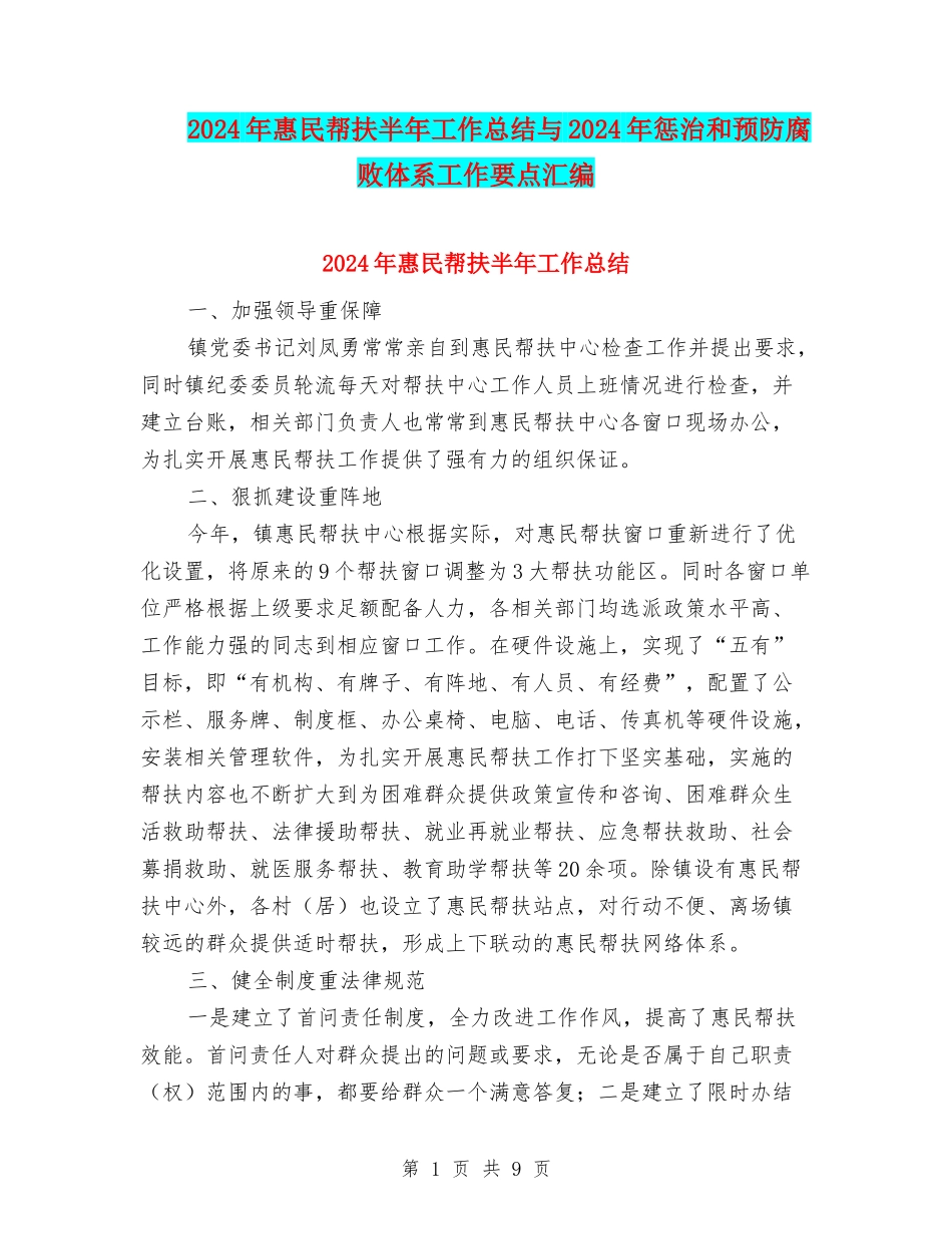 2024年惠民帮扶半年工作总结与2024年惩治和预防腐败体系工作要点汇编_第1页