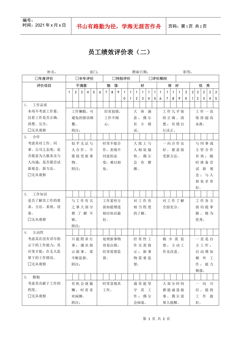 员工绩效评价表范本（二）_第1页
