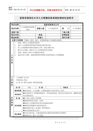 人力资源信息系统经理岗位说明书