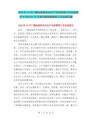 2024年10月广播电视局安全生产目标管理工作总结范文与2024年10月度乡镇党委政府工作总结汇编
