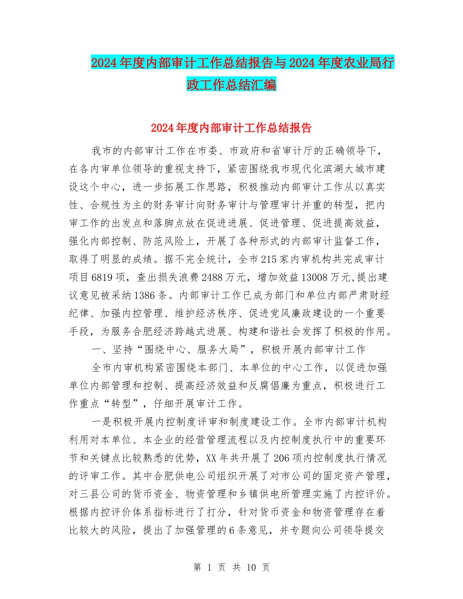 2024年度内部审计工作总结报告与2024年度农业局行政工作总结汇编_第1页