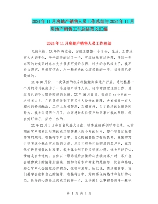 2024年11月房地产销售人员工作总结与2024年11月房地产销售工作总结范文汇编