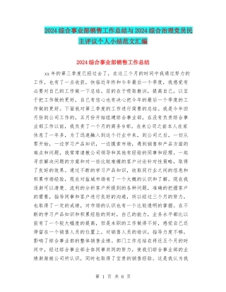 2024综合事业部销售工作总结与2024综合治理党员民主评议个人小结范文汇编