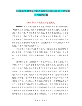 2024年12月党员工作总结范文与2024年12月党支部工作总结汇编