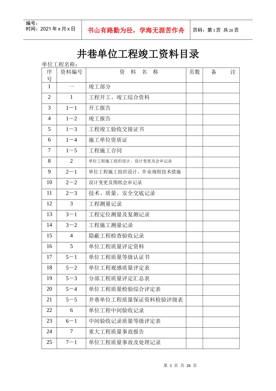 井巷单位工程竣工资料目录_第1页