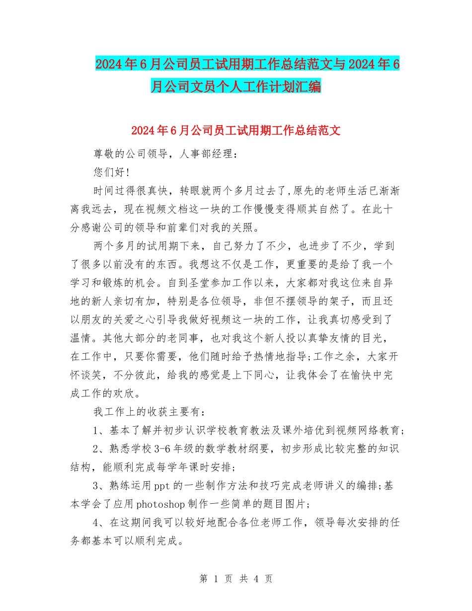 2024年6月公司员工试用期工作总结范文与2024年6月公司文员个人工作计划汇编_第1页