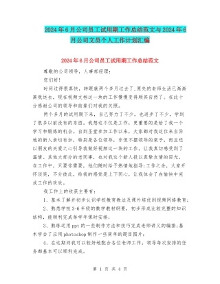 2024年6月公司员工试用期工作总结范文与2024年6月公司文员个人工作计划汇编