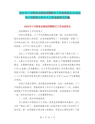 2024年3月财务出纳试用期转正工作总结范文与2024年3月财务工作个人工作总结范文汇编
