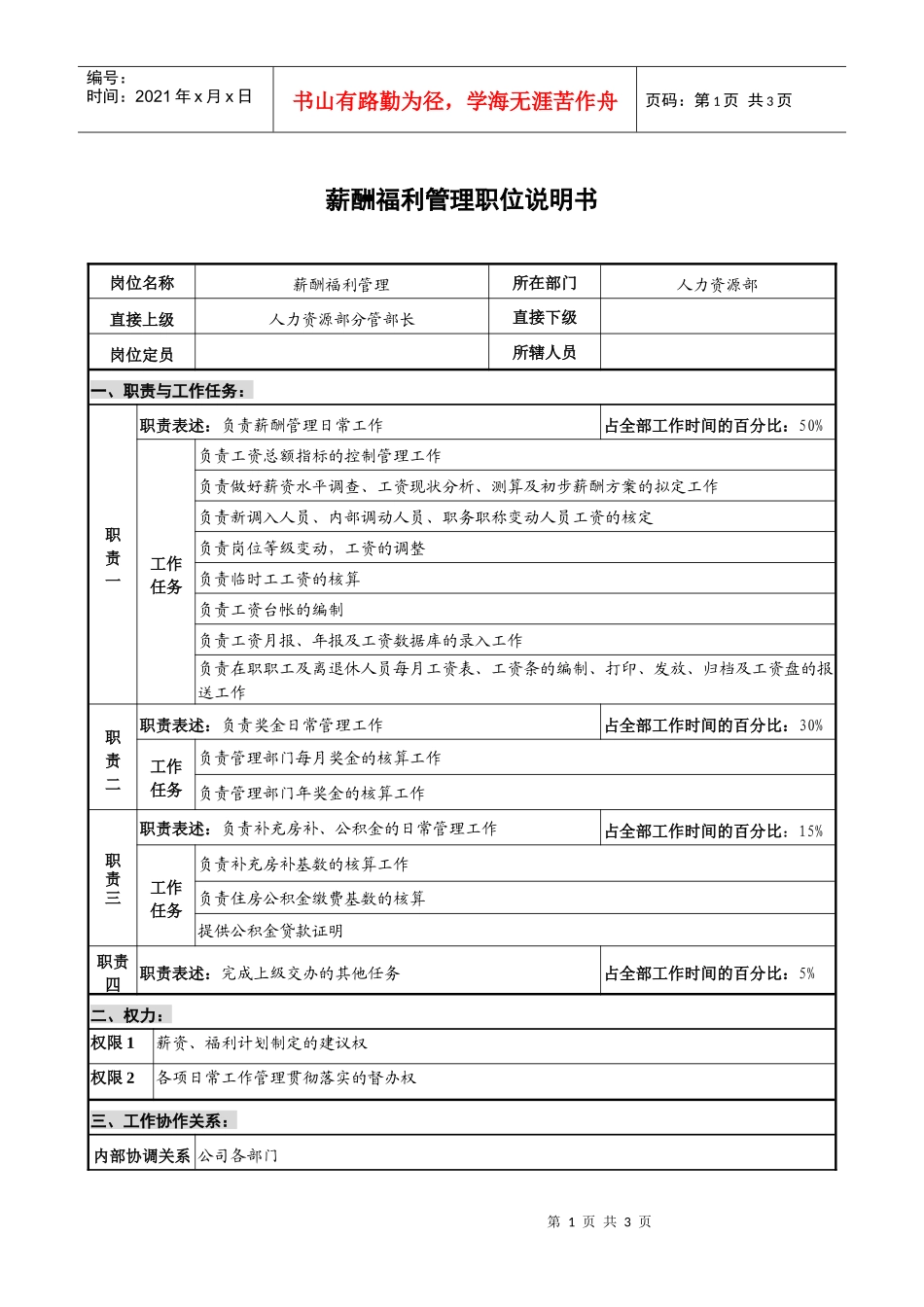 仪器生产企业薪酬福利管理职位说明书_第1页