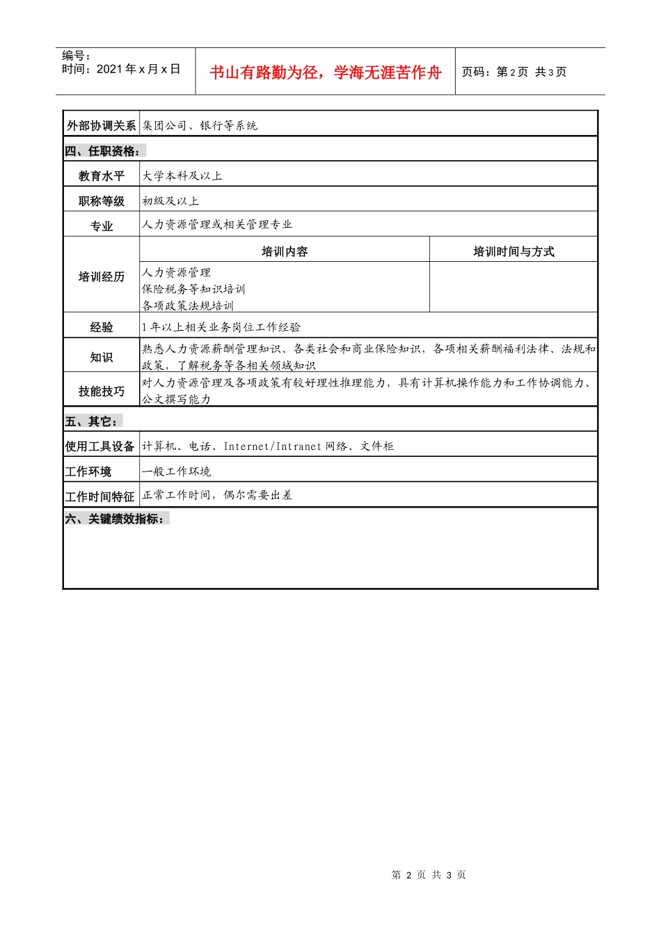 仪器生产企业薪酬福利管理职位说明书_第2页