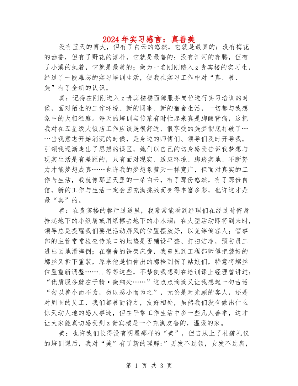 2024年实习感言：真善美_第1页