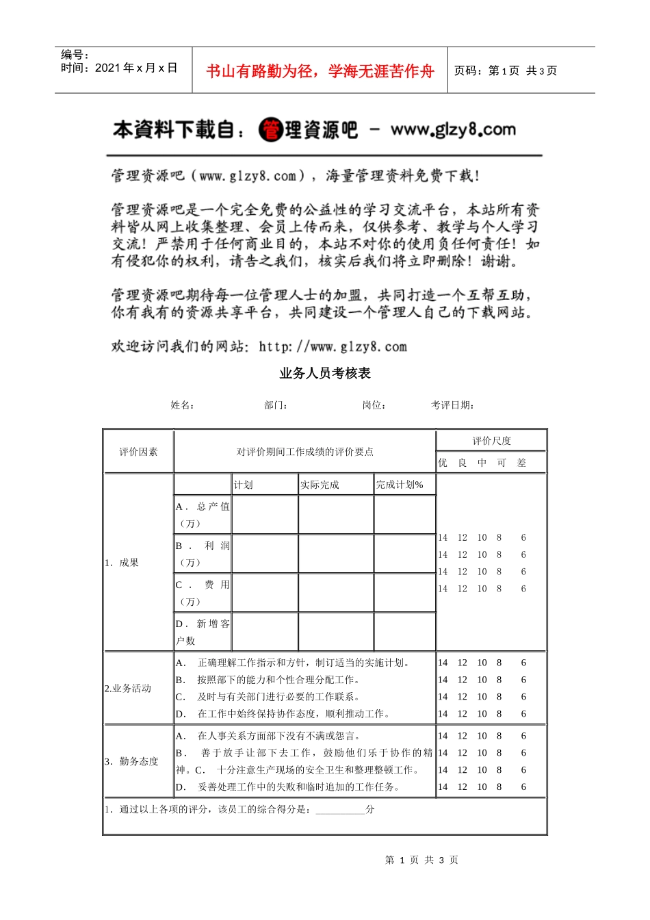 业务人员考核表（二）_第1页