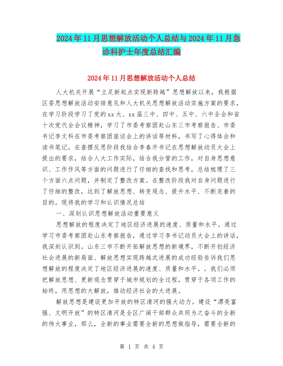 2024年11月思想解放活动个人总结与2024年11月急诊科护士年度总结汇编_第1页