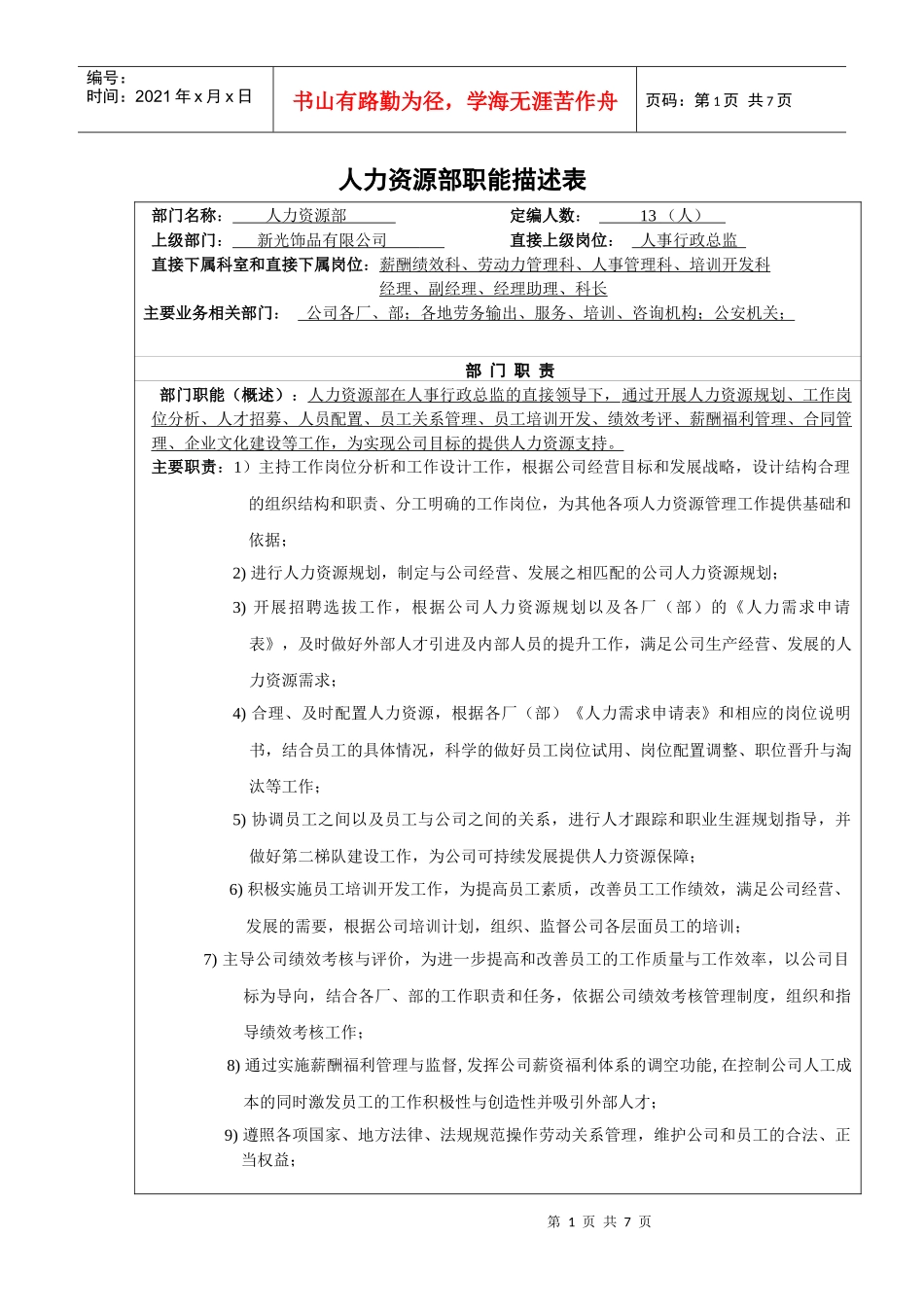 人力资源部职能描述表_第1页