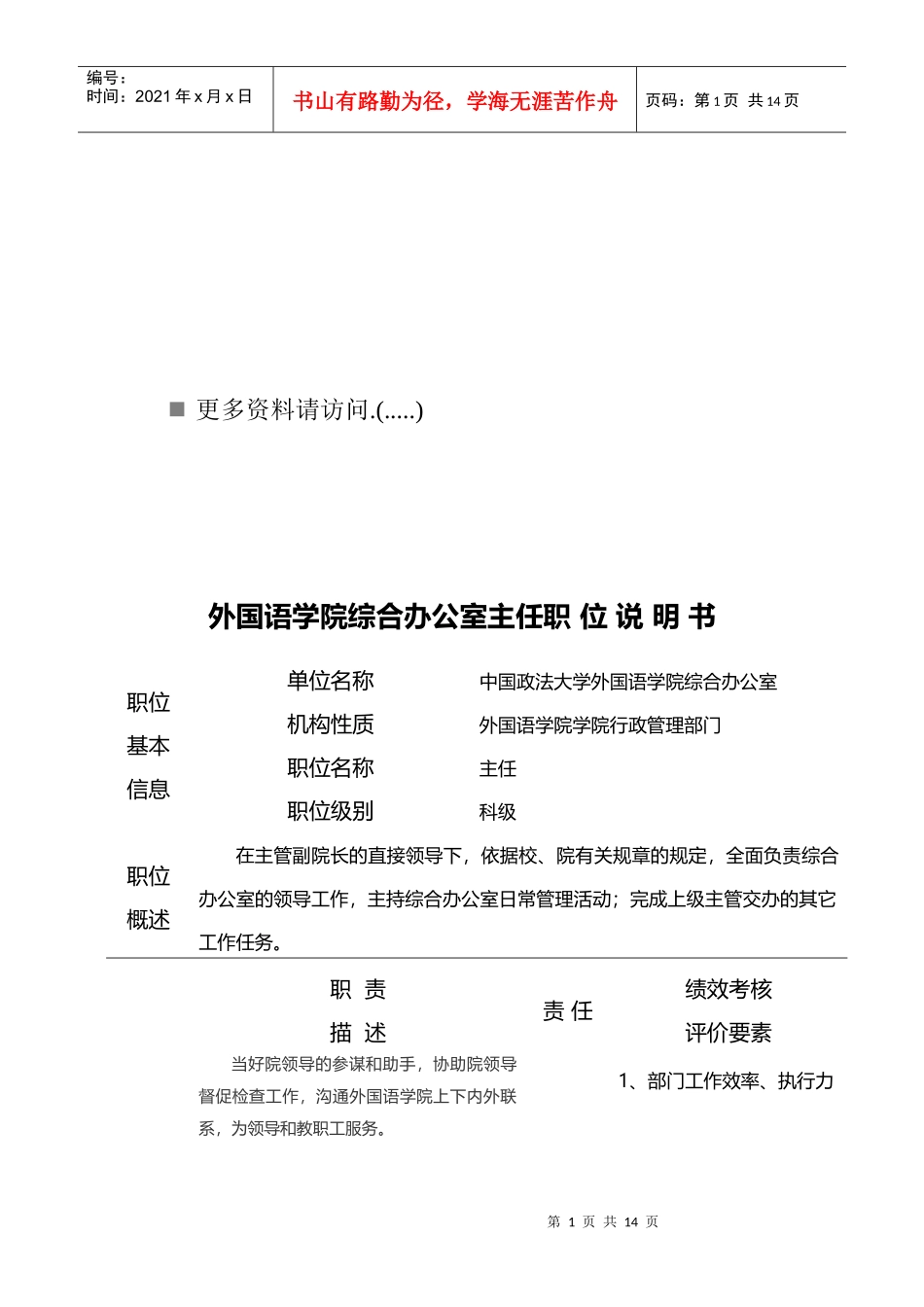 外国语学院办公室主任岗位说明书_第1页