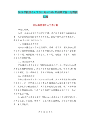 2024年控烟个人工作计划与2024年控烟工作计划范例汇编