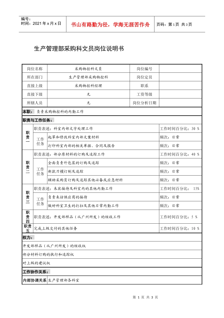 制鞋企业生产管理部采购科文员岗位说明书_第1页