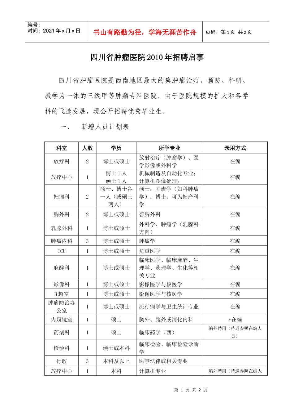 四川省肿瘤医院XXXX年招聘启事-西安交通大学医学院_第1页