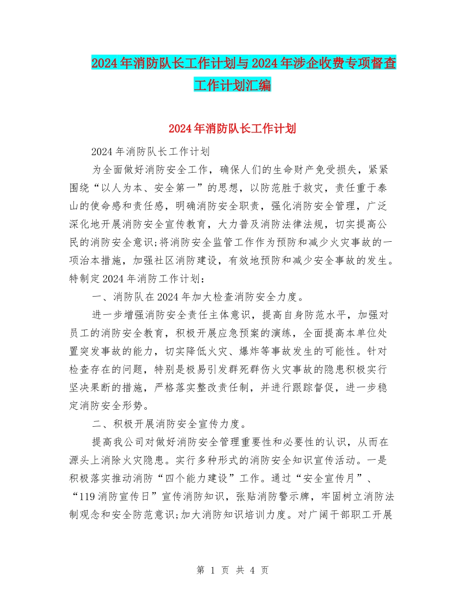 2024年消防队长工作计划与2024年涉企收费专项督查工作计划汇编_第1页