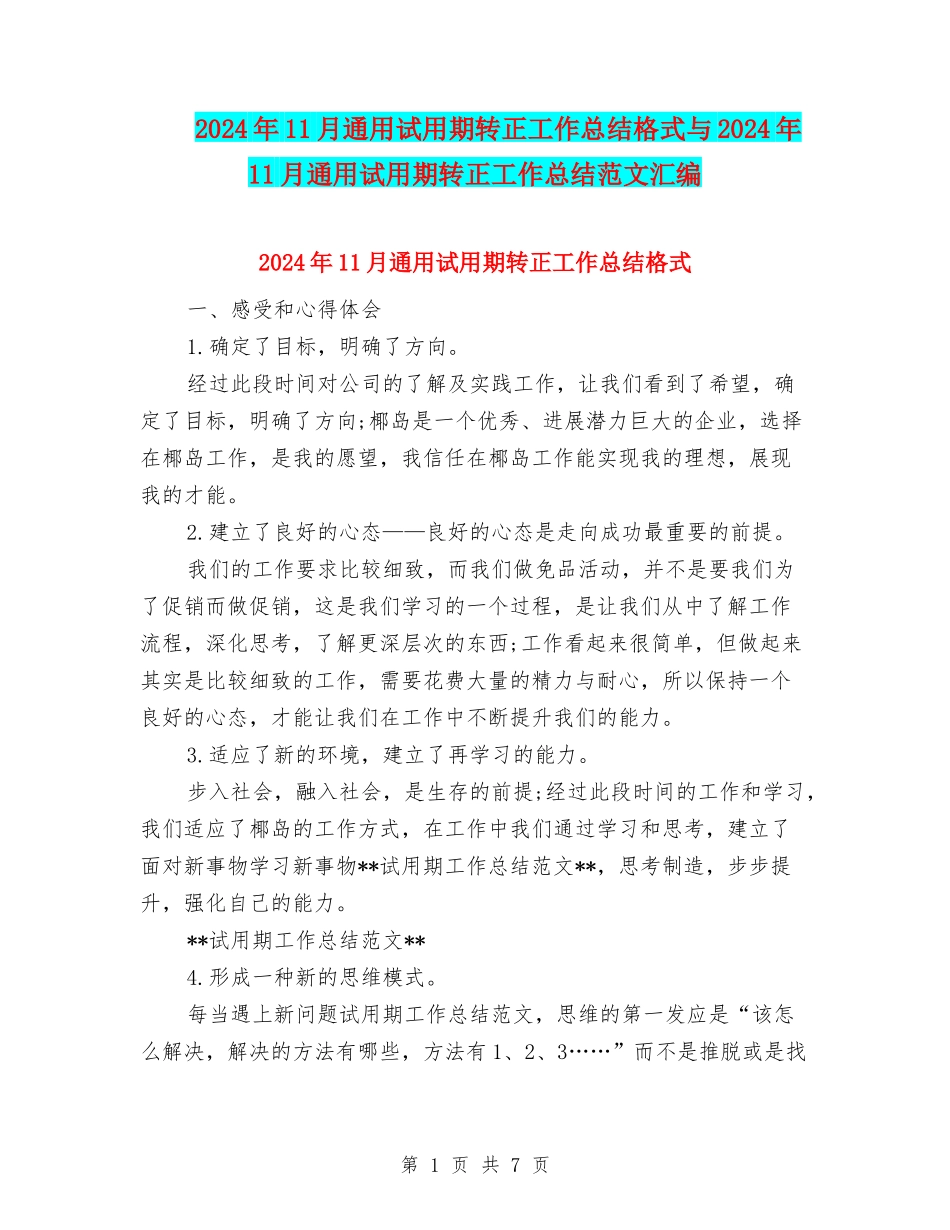 2024年11月通用试用期转正工作总结格式与2024年11月通用试用期转正工作总结范文汇编_第1页