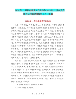 2024年11月机电销售工作总结与2024年11月村党支部书记述职述廉报告汇编