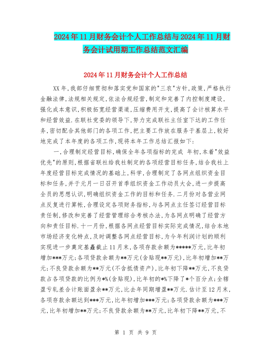 2024年11月财务会计个人工作总结与2024年11月财务会计试用期工作总结范文汇编_第1页