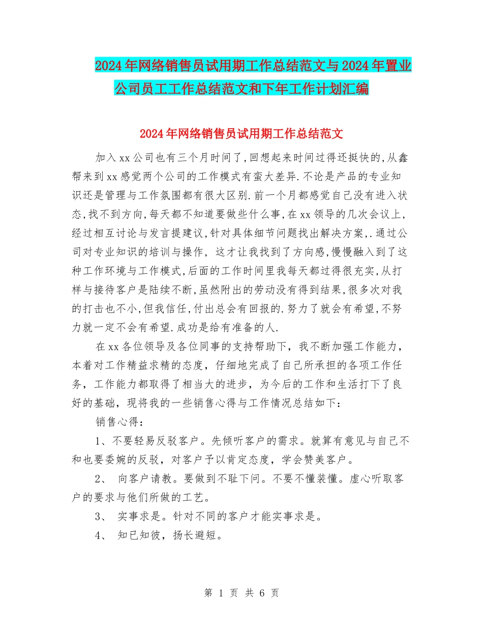 2024年网络销售员试用期工作总结范文与2024年置业公司员工工作总结范文和下年工作计划汇编_第1页