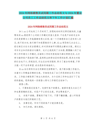2024年网络销售员试用期工作总结范文与2024年置业公司员工工作总结范文和下年工作计划汇编