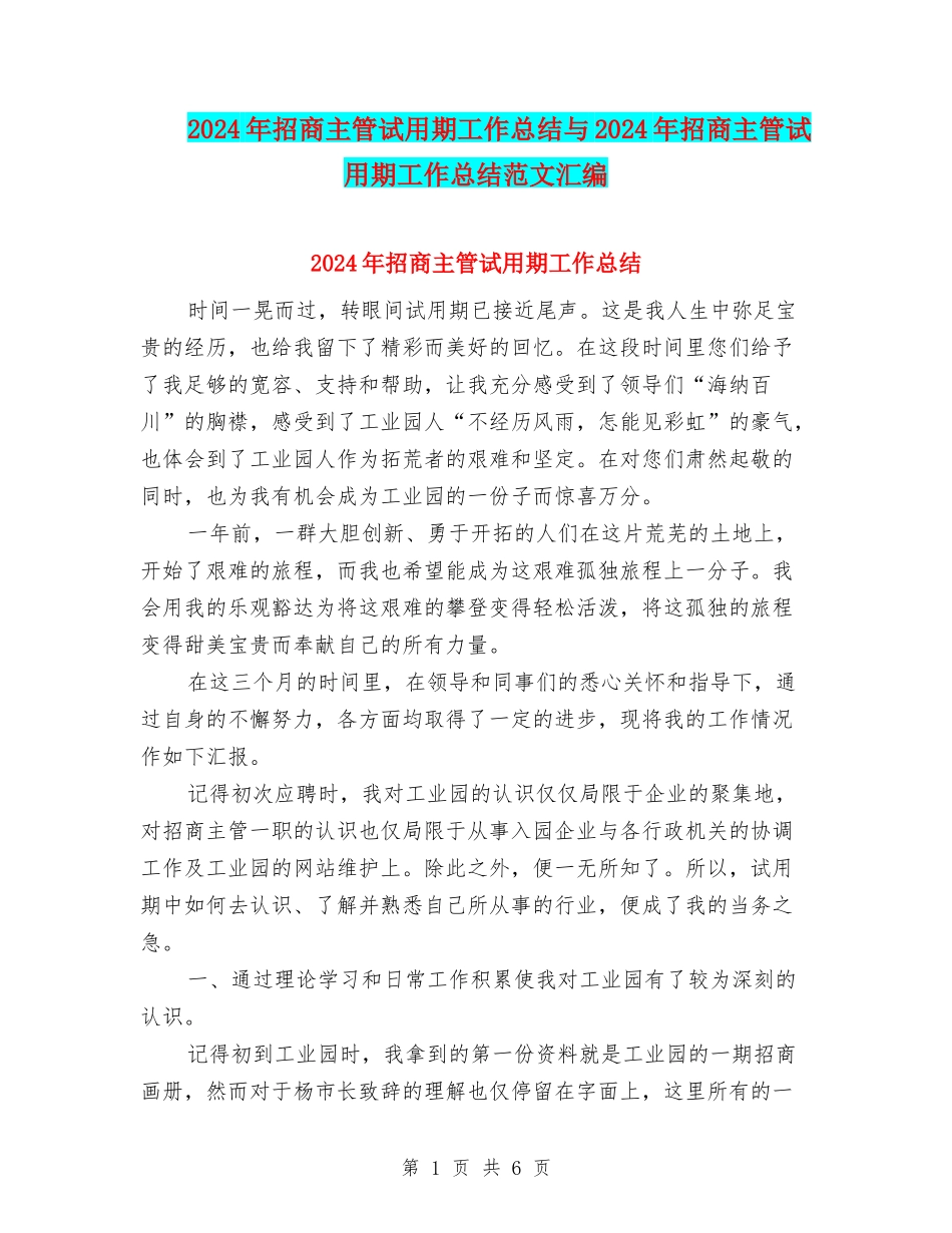 2024年招商主管试用期工作总结与2024年招商主管试用期工作总结范文汇编_第1页