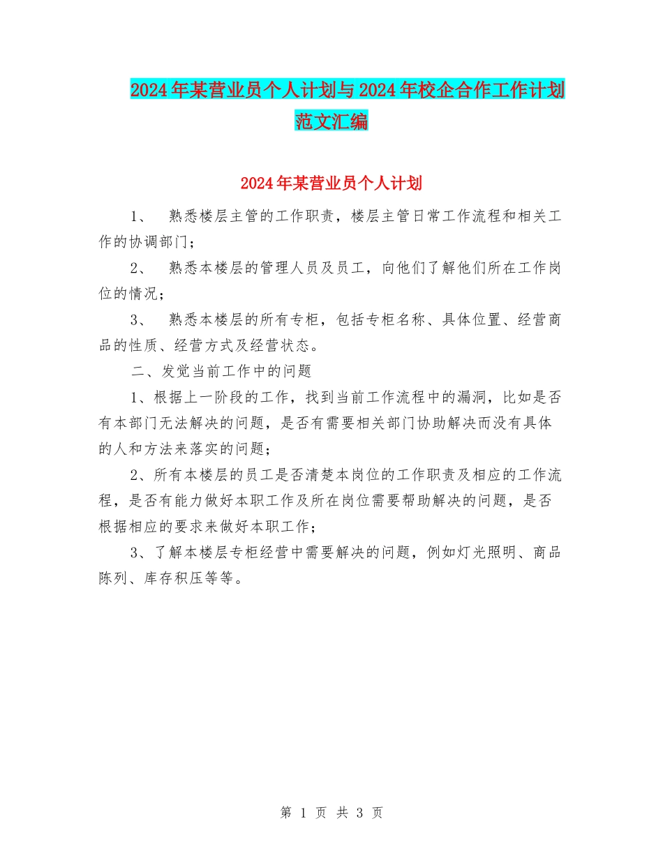 2024年某营业员个人计划与2024年校企合作工作计划范文汇编_第1页