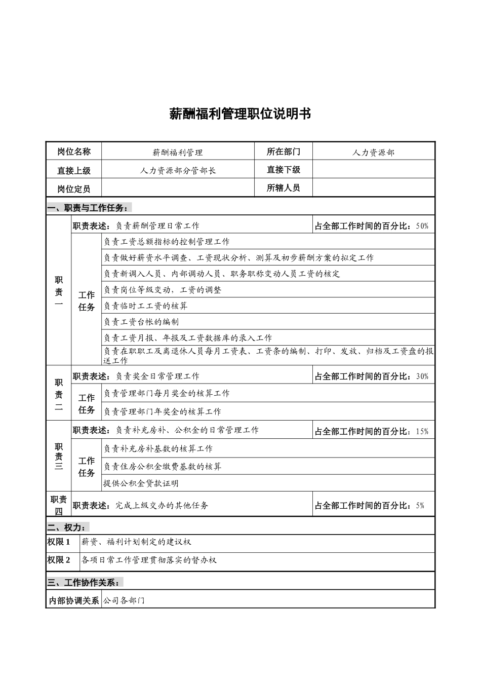 华北光学仪器公司人力资源部薪酬福利管理职位说明书_第1页