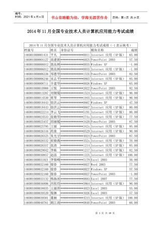 X年11月全国专业技术人员计算机应用能力考试成绩