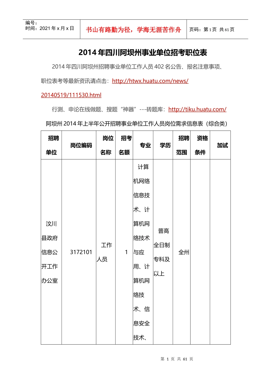 X年四川阿坝州事业单位招考职位表_第1页