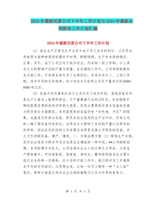 2024年最新民营公司下半年工作计划与2024年最新水利财务工作计划汇编